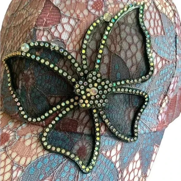 Boutique Handcrafted Feminine Floral Lace Embroidered Butterfly Baseball Cap Hat - Picture 2 of 9
